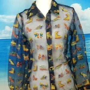 MAXOU Womans NAVY BLUE Sheer Blouse TUNIC Top SHOES Lover Print Shirt size Sm